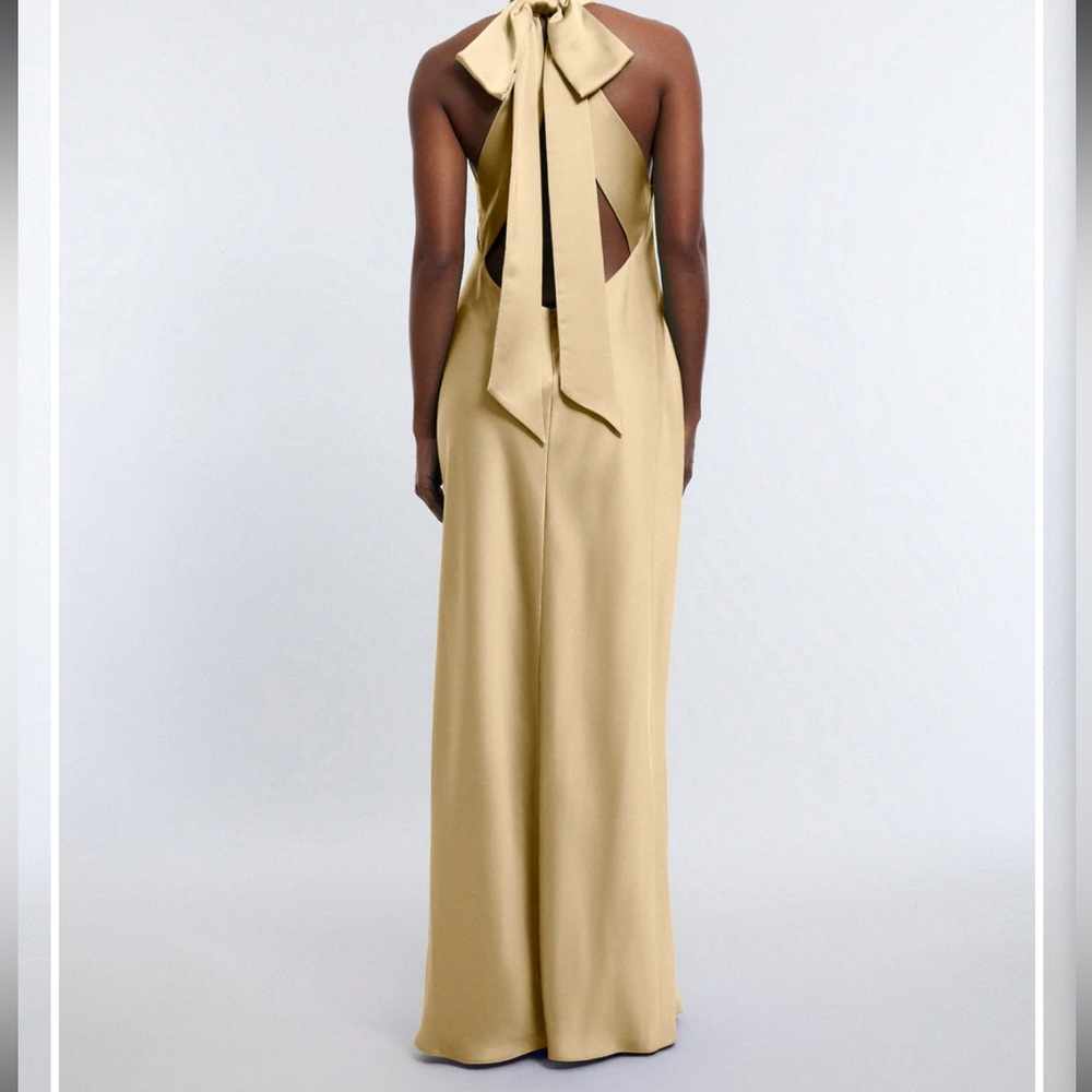 BCBG peighten halter gown/ Prairie Sand color